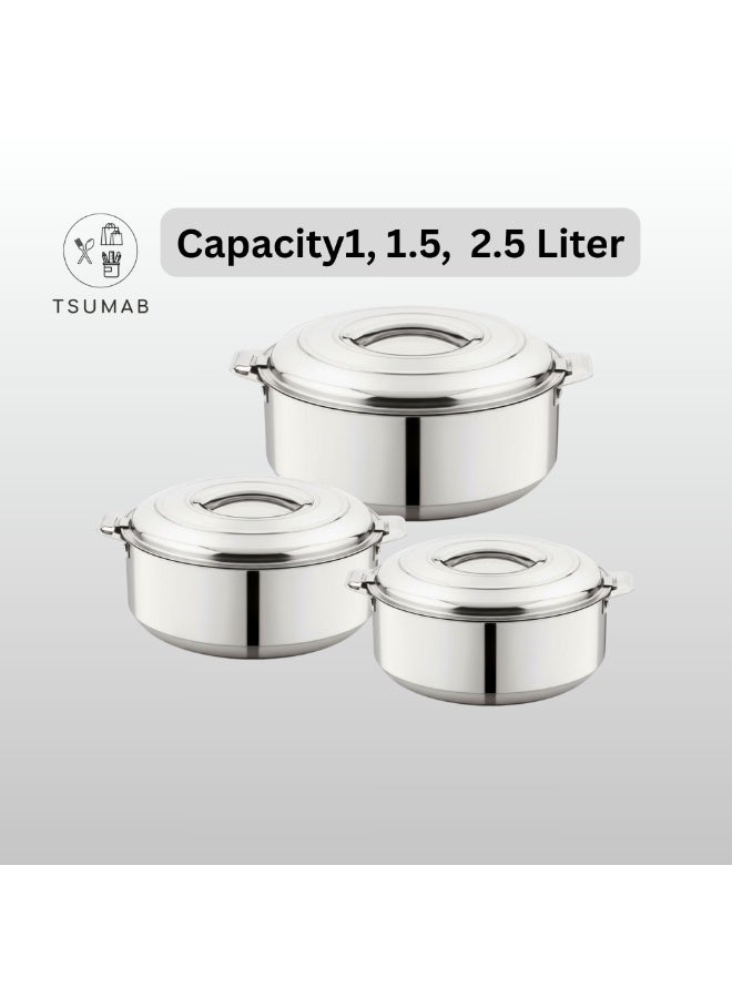 تسوماب طقم أواني طهي TSUMAB الساخنة المعزولة من الفولاذ المقاوم للصدأ، 3 قطع - سعة لتر واحد، لتر ونصف، لترين ونصف | تصميم مزدوج الجدار | يحافظ على الطعام ساخنًا وطازجًا لساعات | لمسة نهائية متينة وأنيقة - Image 2